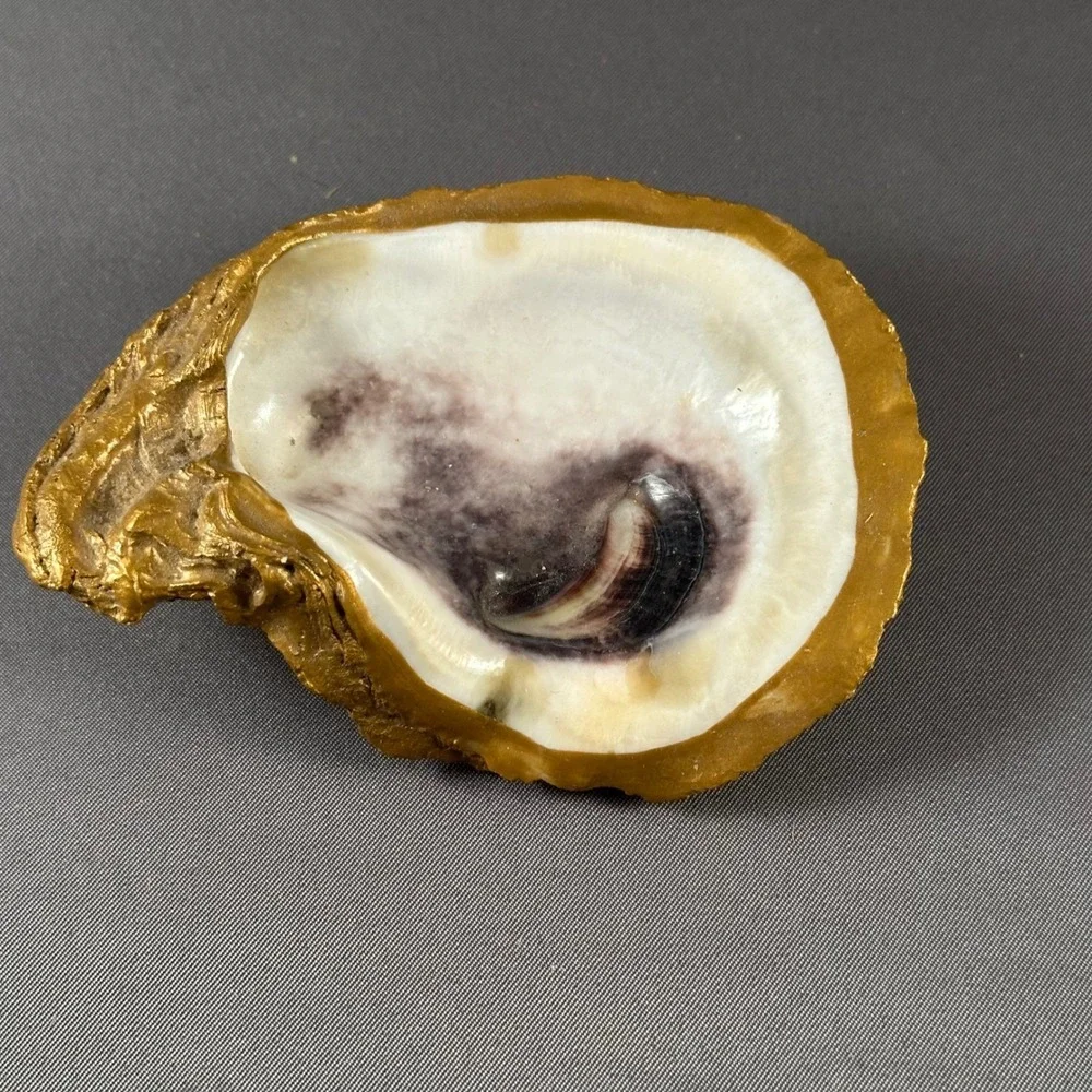 Gold Tone Painted‎ Oyster Shell Trinket Dish Ring Jewelry Holder Coastal Decor
